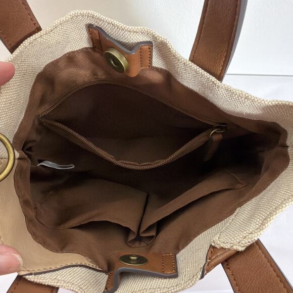 Frye And Co. Vegan Leather Jute Hand Bag Medium Size Brown/Tan/Jute Patchwork - Picture 9 of 10